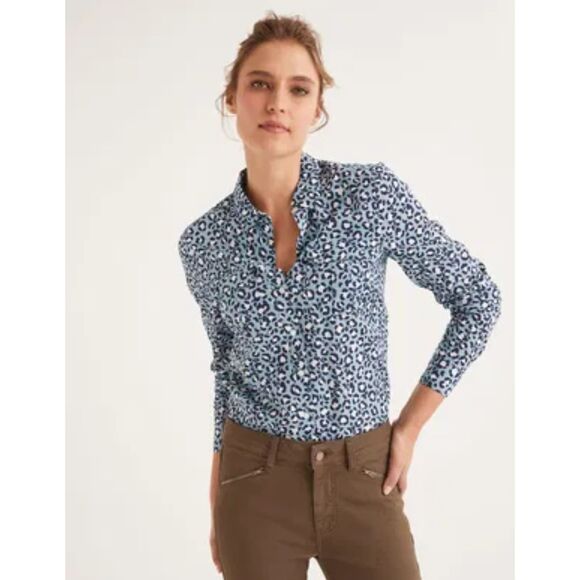 Boden Leopard Print Cotton Button Up Shirt Women's 6 Blue Animal Print Cheetah - Picture 1 of 11